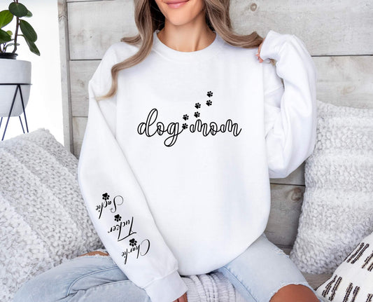 Custom dog mom sweatshirt with your pet's name on the sleeve. Perfect gift for dog lovers